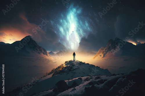 Epic winter arctic landscape. A man stands on a rock and looks into the distance at the mountains. Polar night, stars and aurora in the sky. Traveler on a hike in northern nature. Generative AI.