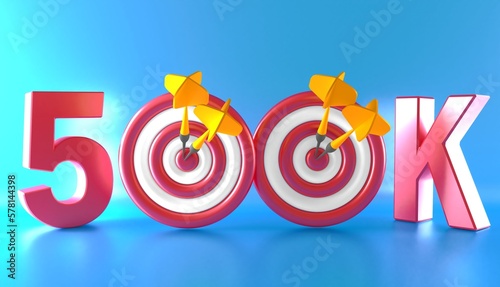 500K Text Followers with small dartboard on white background. 500 000 followers background. Congratulating networking thanks, net friends abstract image, customers. 3d rendering. 500 3d text.