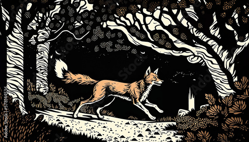 An illustration of fox running down the woods on the night background. Japanese art style for wall decoration  wall art  banner. 