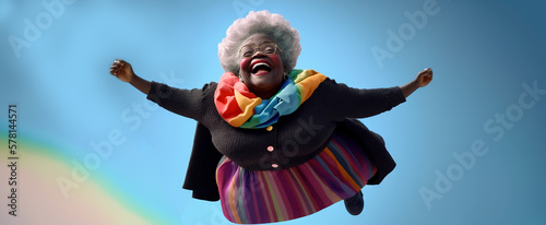 Foto Person in the sky,  Dark skinned granny in the sky, old granny falling from the sky