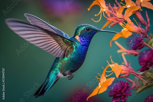 Colorful hummingbird on top of beautiful flowers. AI generated, human enhanced. Background