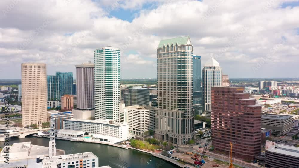 Aerial view of Tampa, Florida skyline, with slow camera pull-back. Tampa is a city on the Gulf Coast of the U.S. state of Florida.
