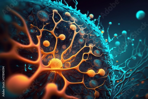Biological cell close-up under a microscope. Nanobiotechnology concept. AI generated