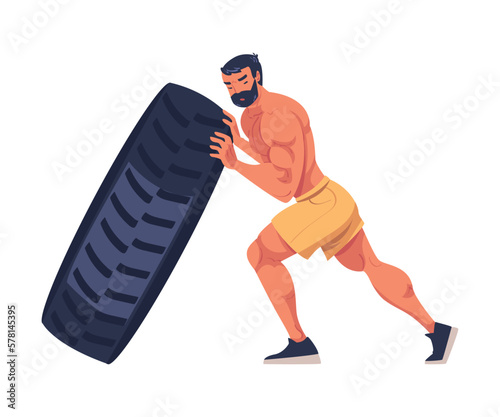 Crossfit Workout with Muscled Man Tyre Flipping Doing Physical Exercise Vector Illustration