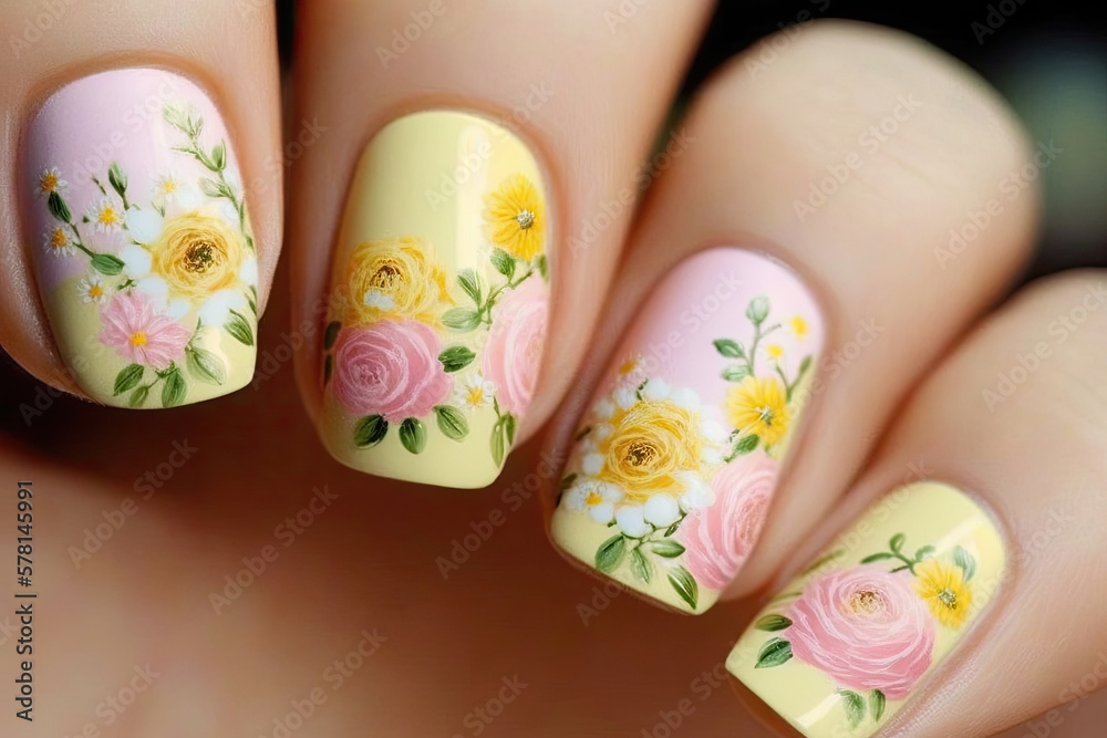 fingernails with rose petals, summer