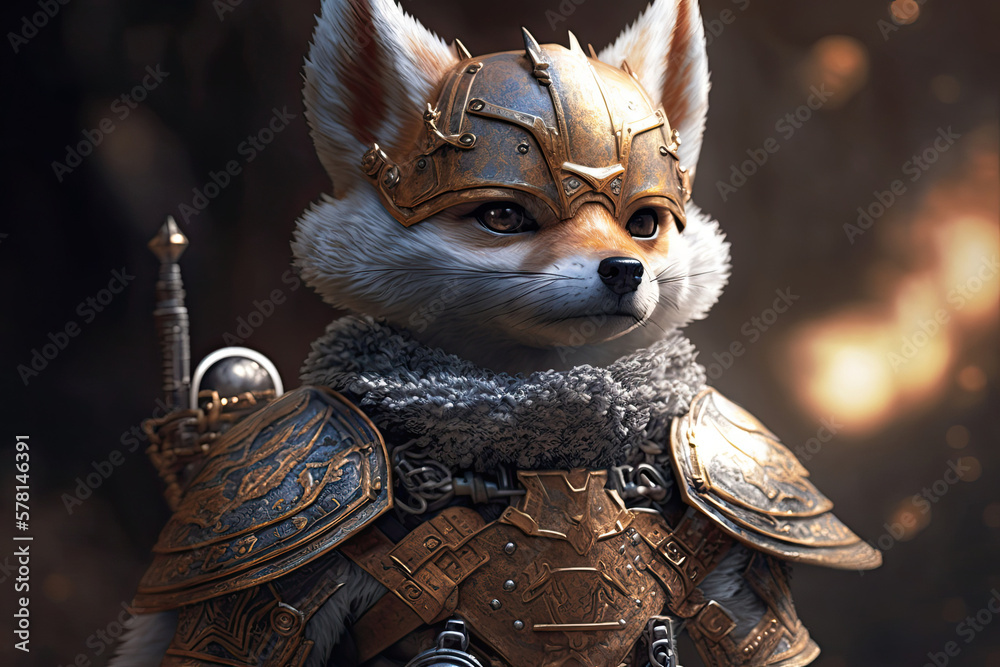 warrior fox ready for battle, metal armor, helmet