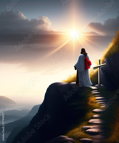 JESUCRISTO CAMINANDO Y OBSERVANDO DESDE LO ALTO DE LAS MONTAÑAS HACIA LAS ÁRIDAS TIERRAS DE ISRAEL , PASTOR DE HOMBRES, CONCEPTO DE SEMANA SANTA, DIOS , CREADOR.