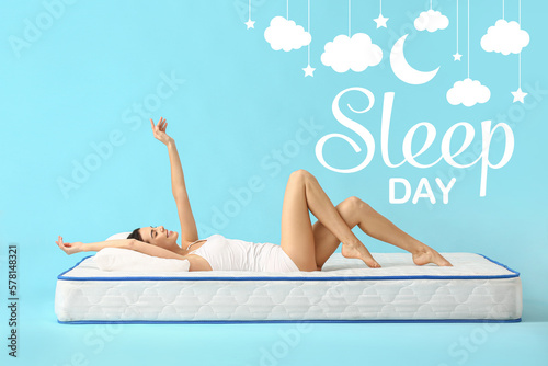 Poster for International Sleep Day with beautiful young woman lying on soft mattress photo