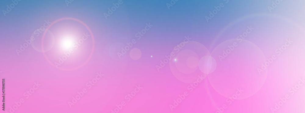 Blurred blue pink background with len flare effect. Long banner, gradient