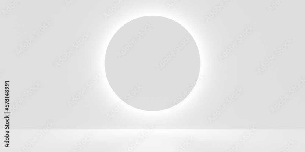 White empty, blank, clean room with circle backlit geometric shape on the back wall, product presentation template background White empty, blank, clean room with circle backlit geometric shape on the back wall, product presentation template background