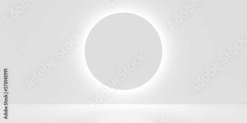 Foto White empty, blank, clean room with circle backlit geometric shape on the back w