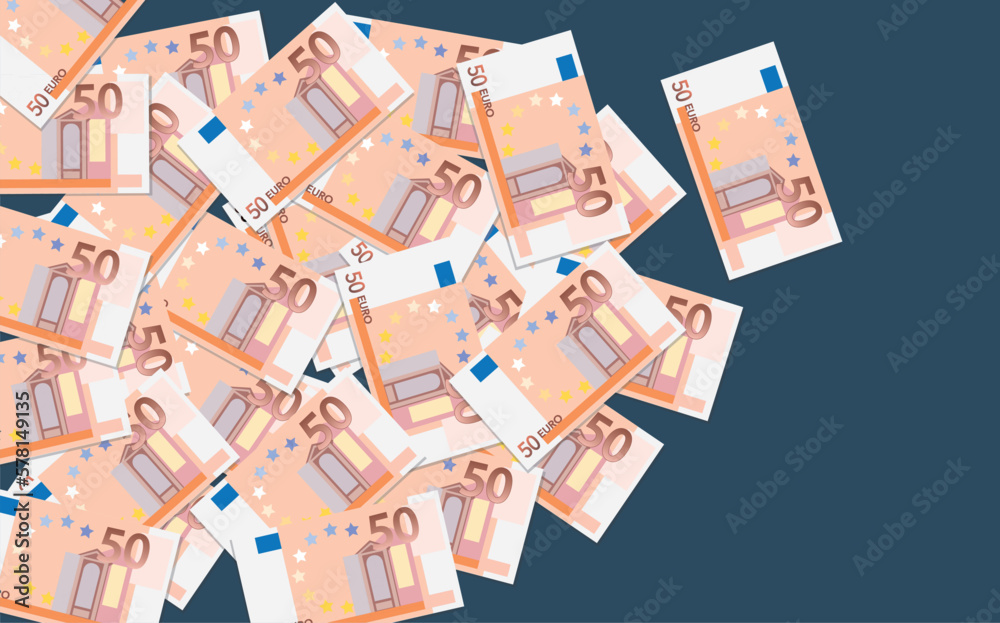 Illustration vectorielle représentant un tas de billets de banque de 50 euros posés sur un fond bleu