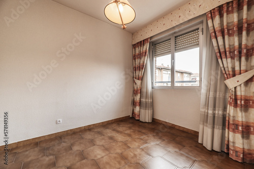 Fotobehang Empty room with dark brown stoneware floors, aluminum window with large curtains