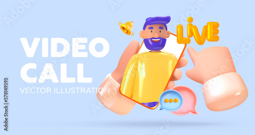 Video call. Man on phone screen 3d. Talks on video chat. Vector illustration