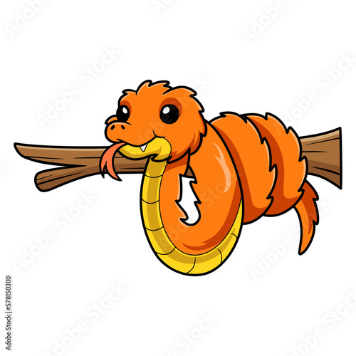 Cute orange spiny bush viper cartoon on tree branch photo