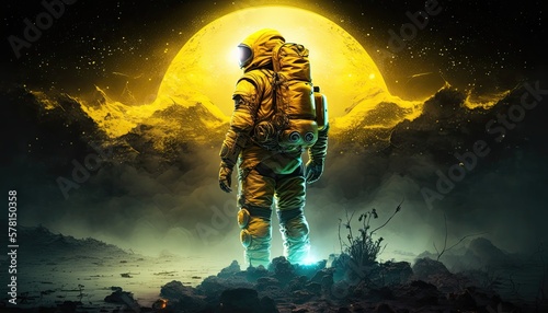 Discover alien worlds with this captivating Firefly bacteria emitting a ghostly yellow glow, armored in space suits on the surface of a distant planet, with a stunning galactic sky. Generative AI