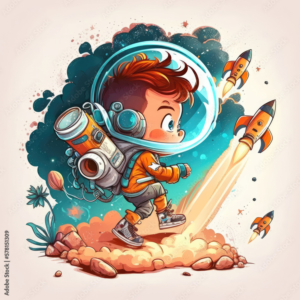 a kid in a spacesuit in cartoon style, generative ai