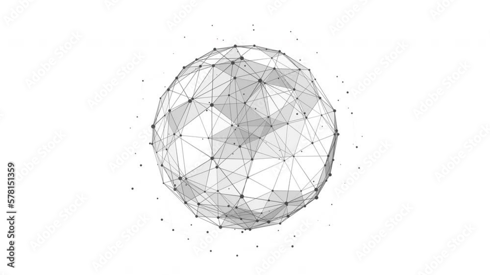 Technology Plexus sphere background from animated lines and dots with flowing particles. Looping seamless space geometrical backdrop