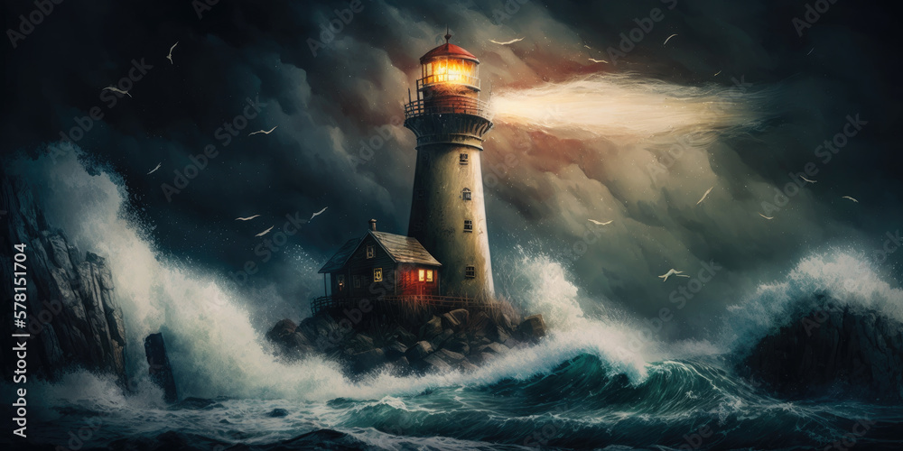 a lighthouse in the night with stormy sea, generative ai