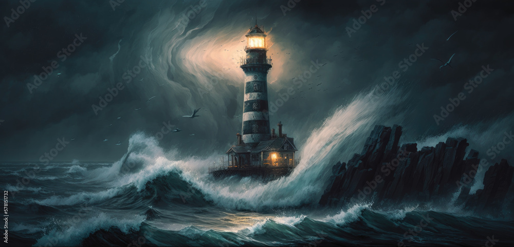 a lighthouse in the night with stormy sea, generative ai