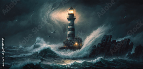 a lighthouse in the night with stormy sea, generative ai