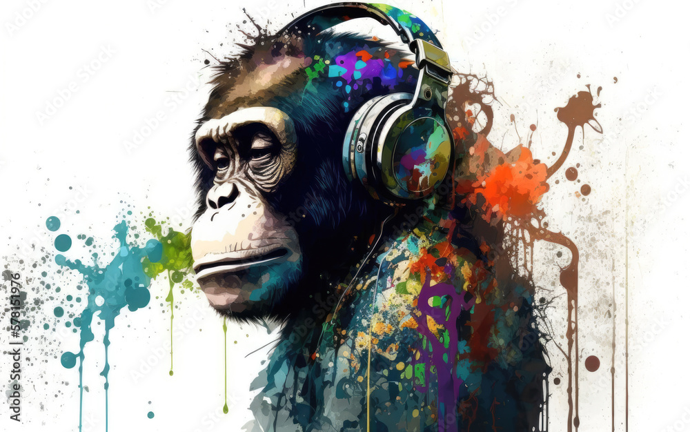 watercolor image of a chimpanzee with headphones, generative ai