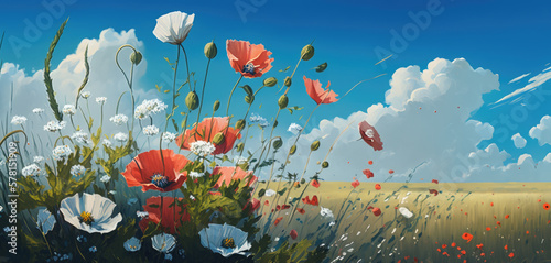 a spring meadow with poppy flowers  generative ai