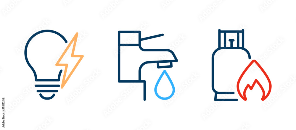 Gas tank with flame, electricity lightbulb with bolt, water drop with faucet. Vector thin line icon linear outline stroke illustration for house utilities. - obrazy, fototapety, plakaty 