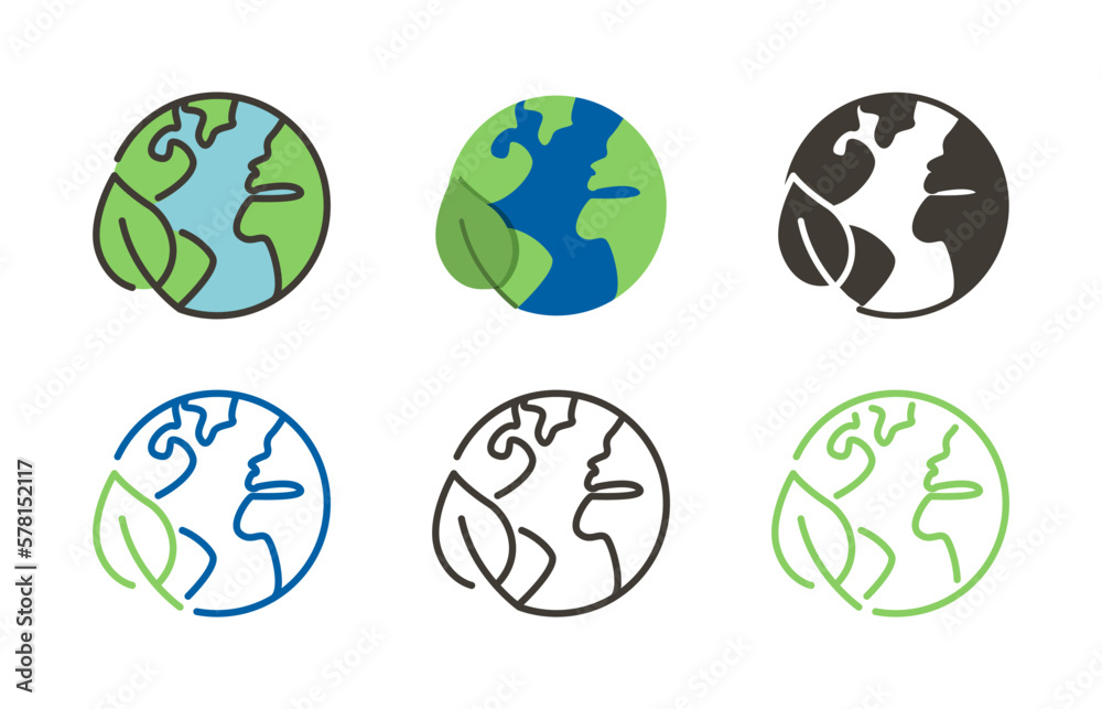 Planet earth with leaf vector thin line icon outline linear stroke illustration. Eco environmentaly friendly sustainable world - obrazy, fototapety, plakaty 