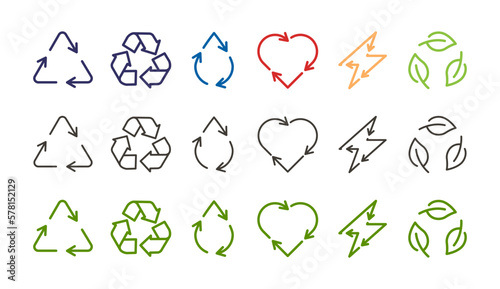 Recycle, reuse, renewable icons. Vector thin line outline stroke illustration signs in triangle, drop, heart, leaves and bolt shape. Different color styles