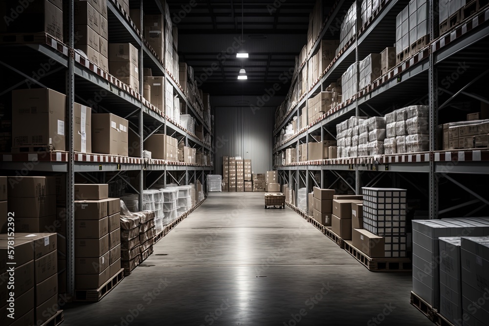 A large clean warehouse with shelfs, carboard boxes and products. Generative AI
