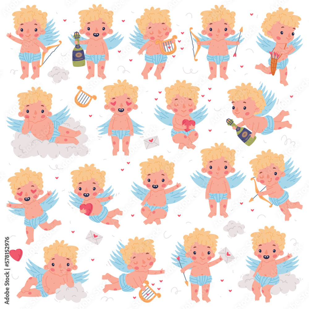 Cute baby Cupid flying with wings collection. Blond little boy angel character cartoon vector illustration