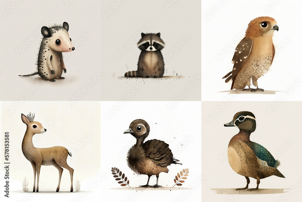 Naklejka premium A set of six cute animals, mammals, birds, reptiles, from the area of Arkansas, USA in watercolor, illustration made with Generative AI 