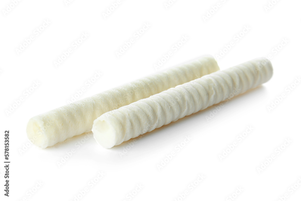 Delicious wafer rolls isolated on white background