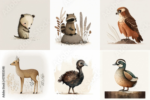 A set of six cute animals  mammals  birds  reptiles  from the area of Arkansas  USA in watercolor  illustration made with Generative AI 