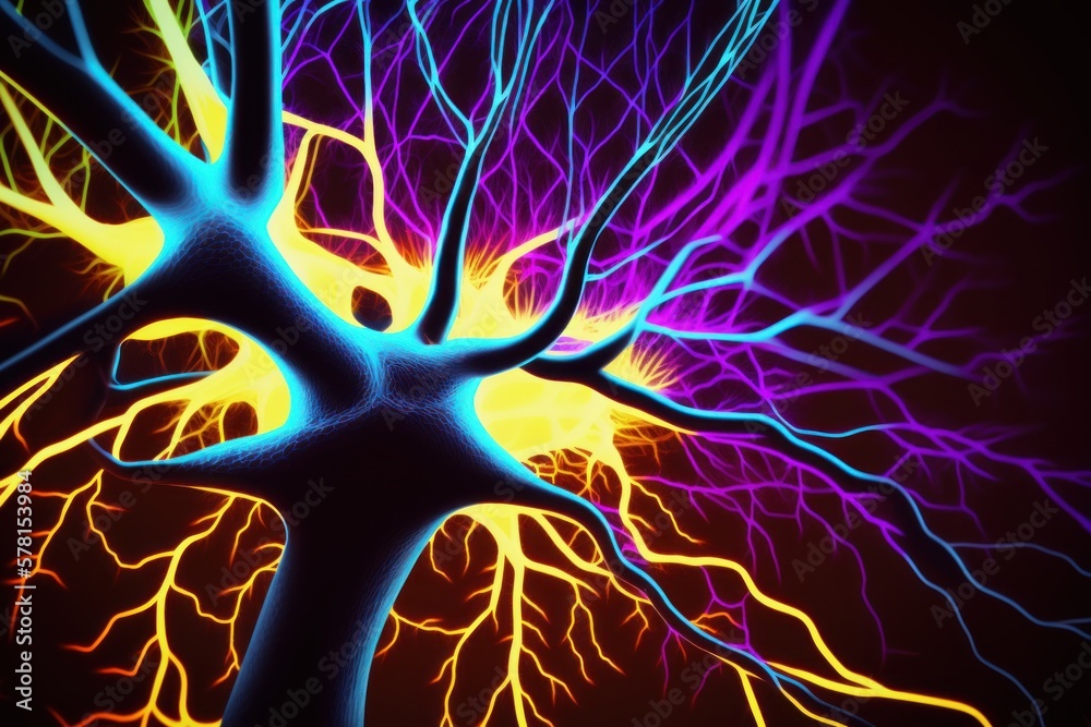 Synaptic Connections in Neon Light - Close-Up View on Brain Neural Synapse Network for Scientific and Medical Designs, Generative AI Synaptic Connections in Neon Light - Close-Up View on Brain Neural Synapse Network for Scientific and Medical Designs, Generative AI