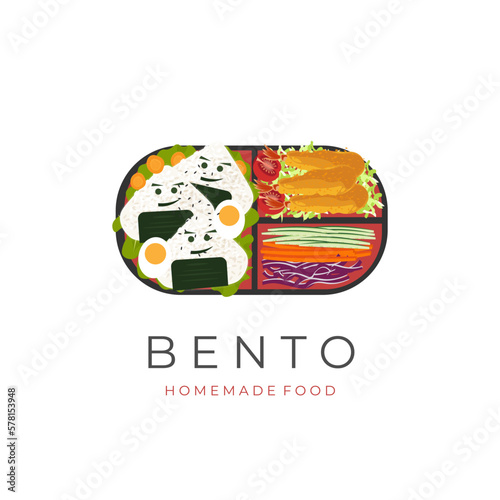 Kids Bento Box Lunch Box Vector Illustration Logo With Healthy Onigiri Tempura Ebi Furai And Vegetable Filling