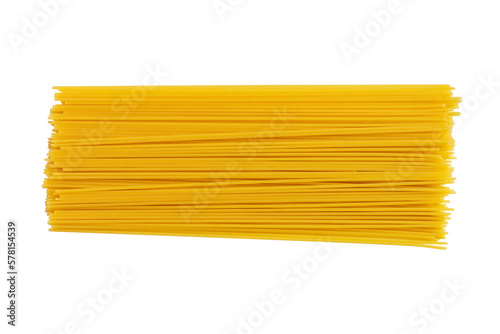 Uncooked spaghetti isolated on white background. Closeup of pasta.