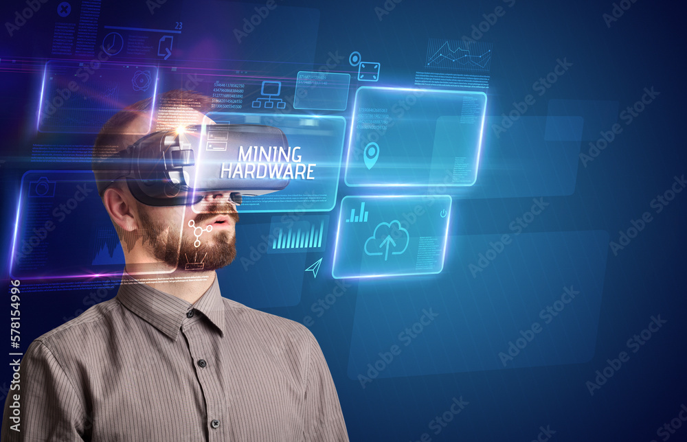 Businessman looking through Virtual Reality glasses, tech concept Businessman looking through Virtual Reality glasses, tech concept