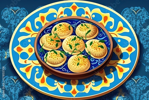 Kazakh baursaks are shown on a blue, round plate. Generative AI photo