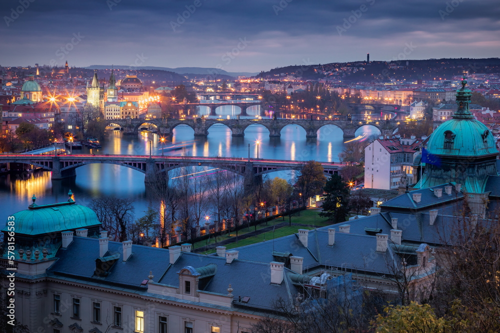 Panoramic view over the cityscape of Prague at dramatic dusk, Czech Republic