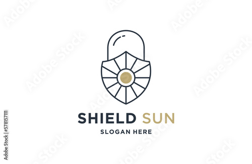 Sun logo and shield design combination, flat style logos
