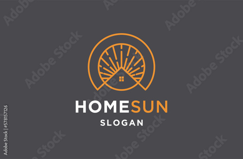 Creative Modern morning Sun with house logo design template line art icon .