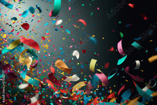 Different colors and forms confetti fired on air, background, AI generated