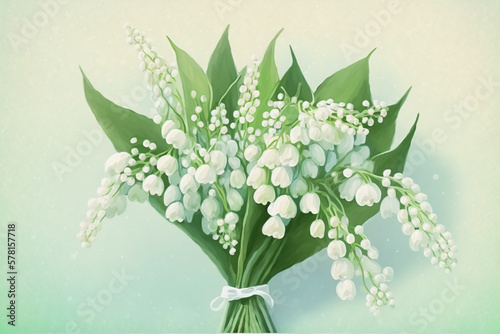 Lily of the valley watercolor painting, symbol of the 1st may, pastel green and blue colors, AI