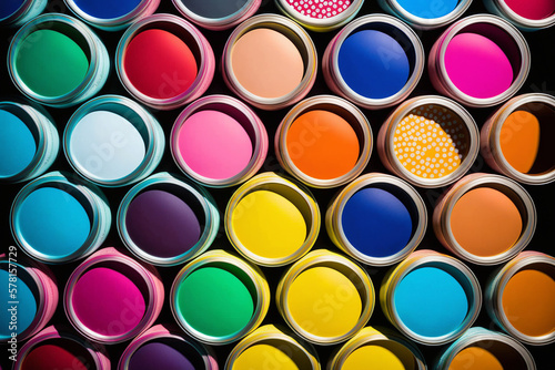 Parallel rows of open different colors paint cans, top view, AI