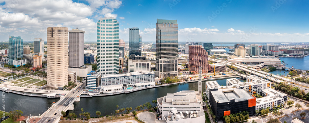 Aerial panorama of Tampa, Florida skyline. Tampa is a city on the Gulf Coast of the U.S. state of Florida.