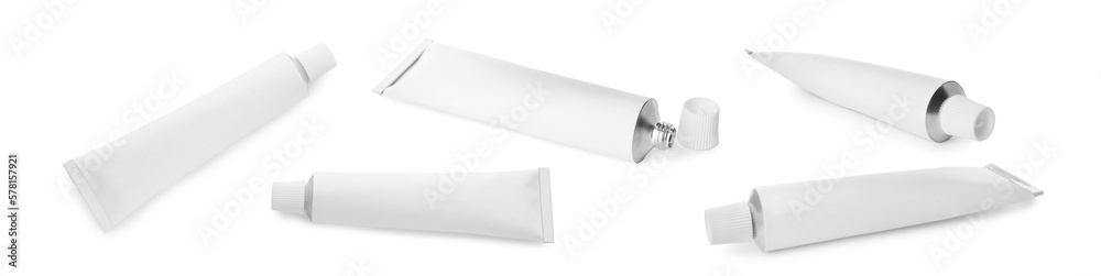 Collage with tube of ointment on white background, different angles Collage with tube of ointment on white background, different angles