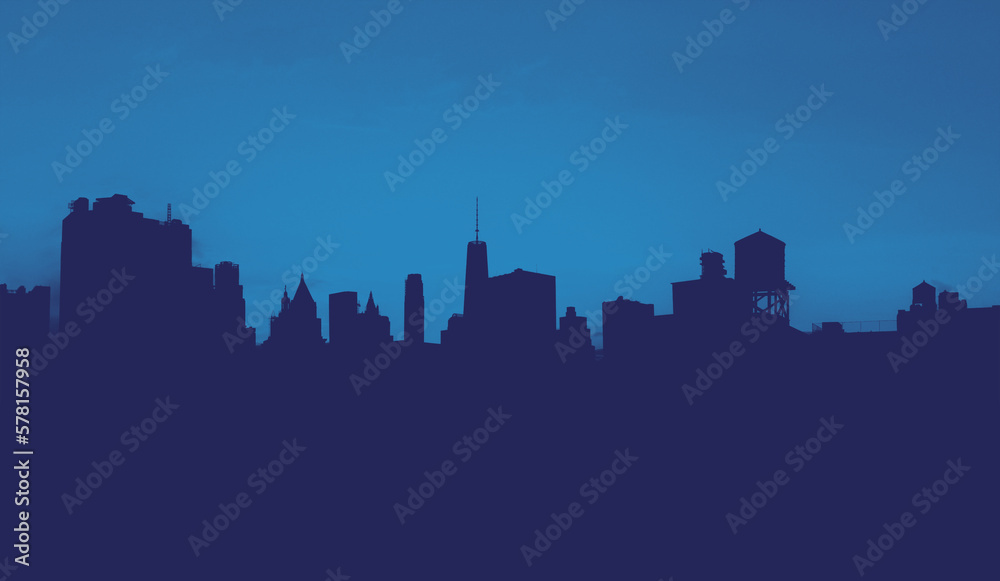New York City skyline buildings form silhouette shapes against the background sky in Manhattan with blue monotone color effect