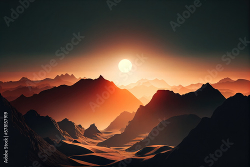 The view of a mountain range with the sunrise in the distance. © imlane